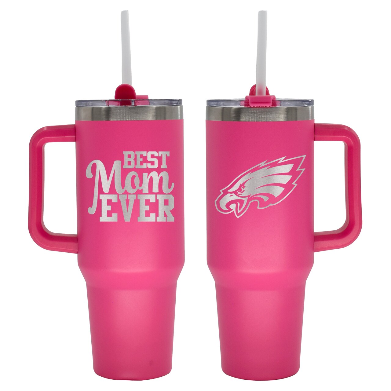 40oz Pink Stainless Steel Colossal Tumbler, Etched, Best Mom Ever Design, Philadelphia Eagles